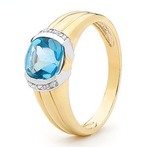 Blue Topaz and Diamond Gold Ring - Cushion Cut