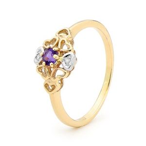 Amethyst and Diamond Gold Ring - Heart Filigree Design