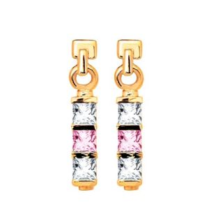 Pink Cubic Zirconia CZ and White CZ Gold Earrings - Three Stone
