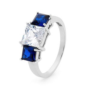 Sapphire and Cubic Zirconia CZ White Gold Ring - Three Stone